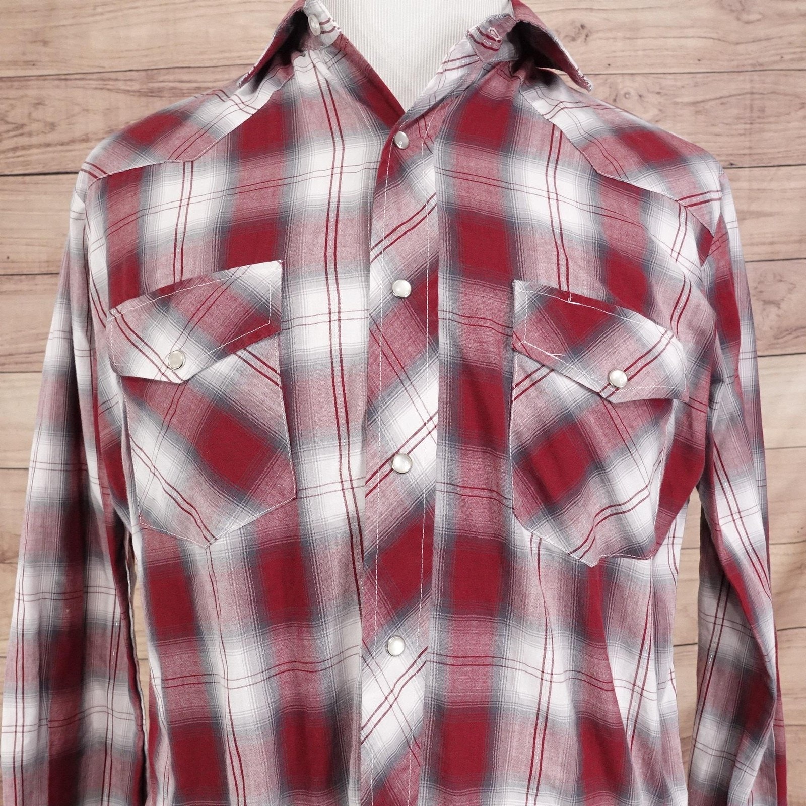Roper Shirt Mens Large Red Gray Plaid Western Pearl Snap Long Sleeve Cowboy
